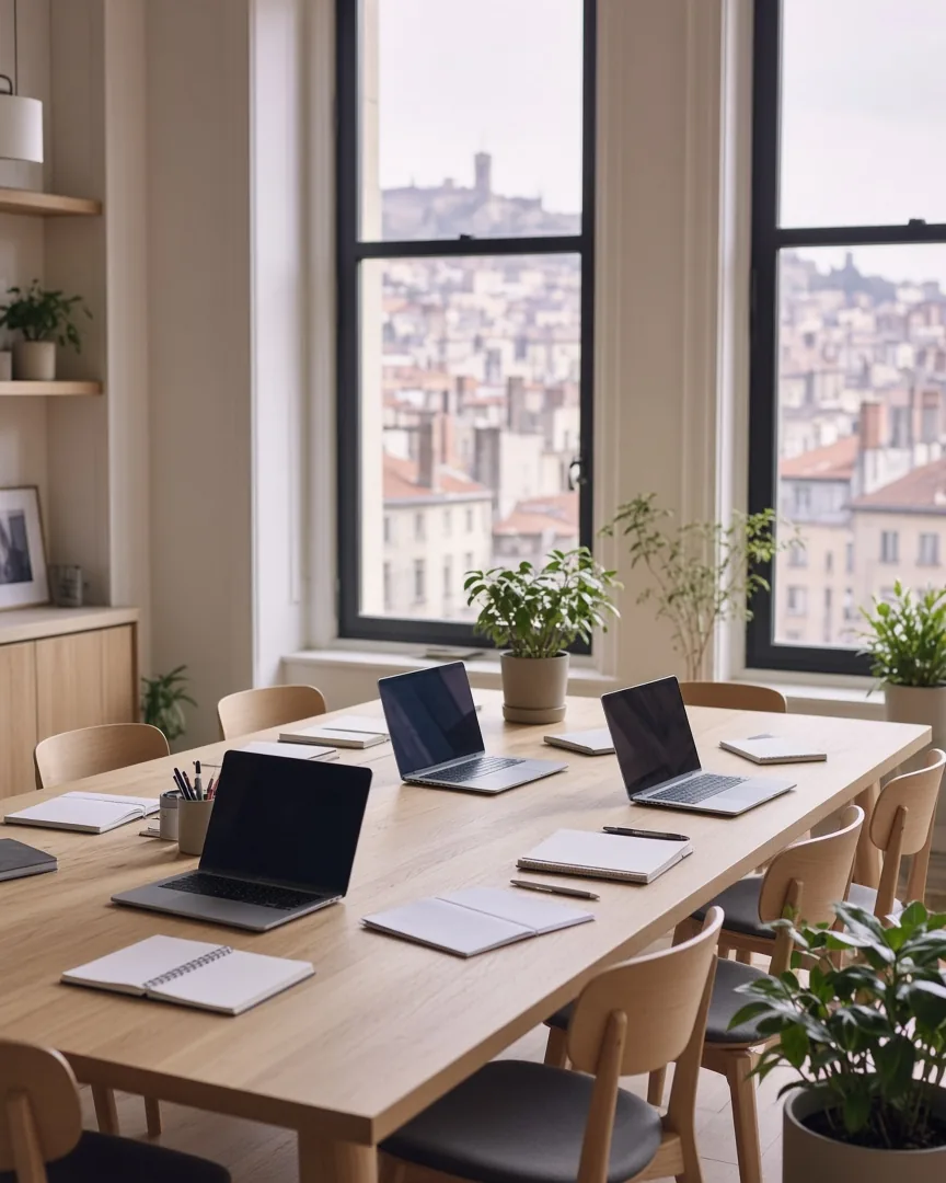 Espace de travail lumineux à Lyon : une grande table en bois avec des ordinateurs portables, des carnets et des plantes.