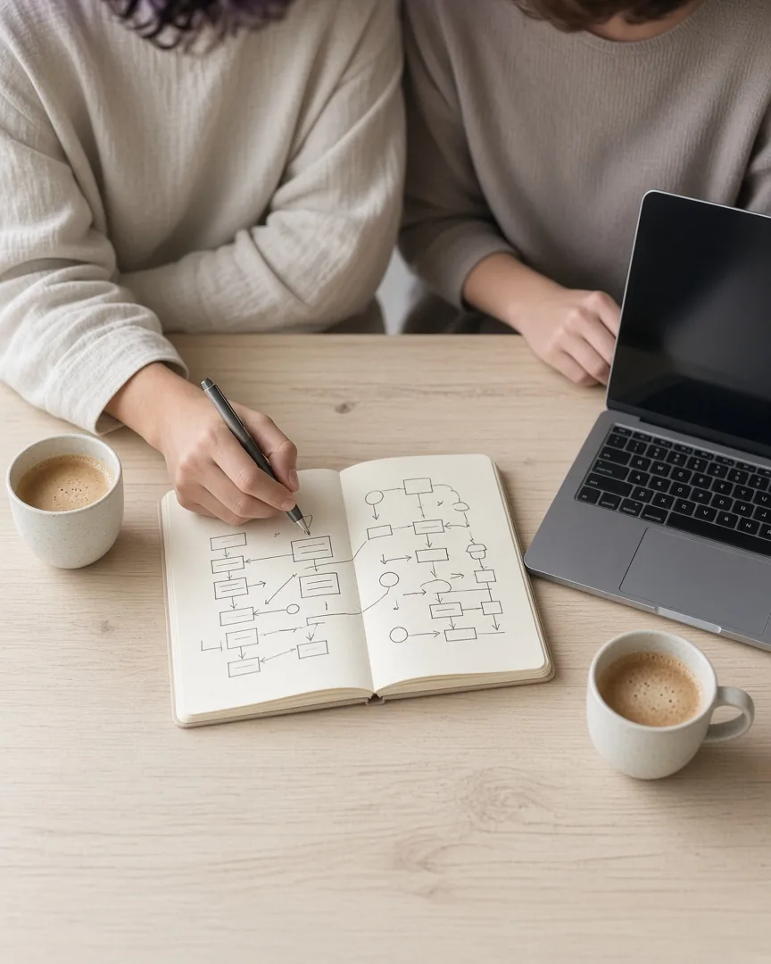 Deux personnes à une table en bois clair dessinent un schéma de process dans un carnet, à côté d’un portable et de deux cafés.