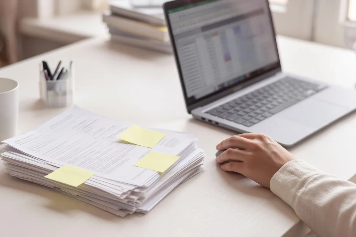 Bureau en fin de journée : une pile de factures annotées de post-it, à côté d’un ordinateur portable ouvert sur un tableur.