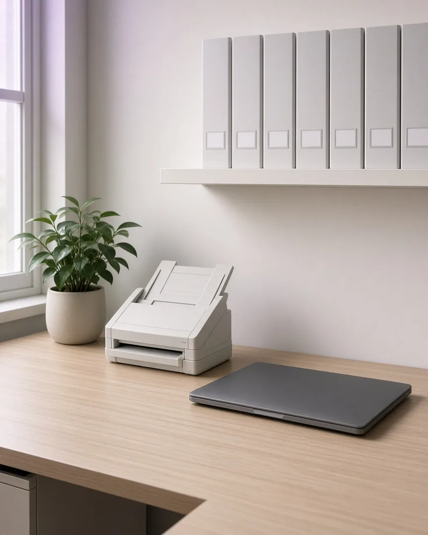 Poste administratif rangé : classeurs, scanner de documents, ordinateur portable fermé et plante verte.