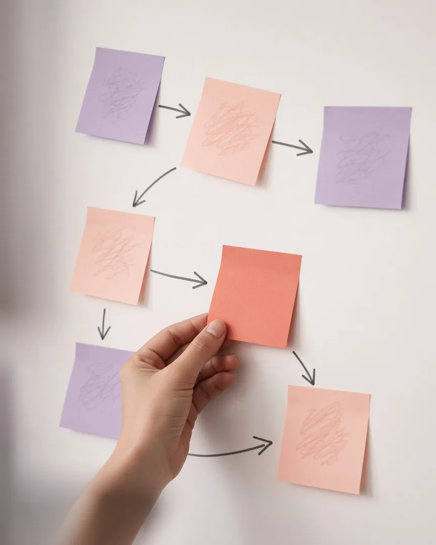Tableau blanc couvert de post-it reliés par des flèches au feutre ; une main déplace un post-it.
