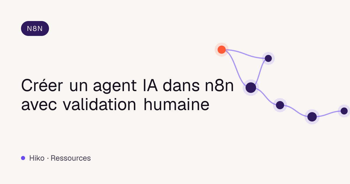 Couverture de l’article : réseau de nœuds violets reliés, titre sur la création d’un agent IA dans n8n avec validation humaine