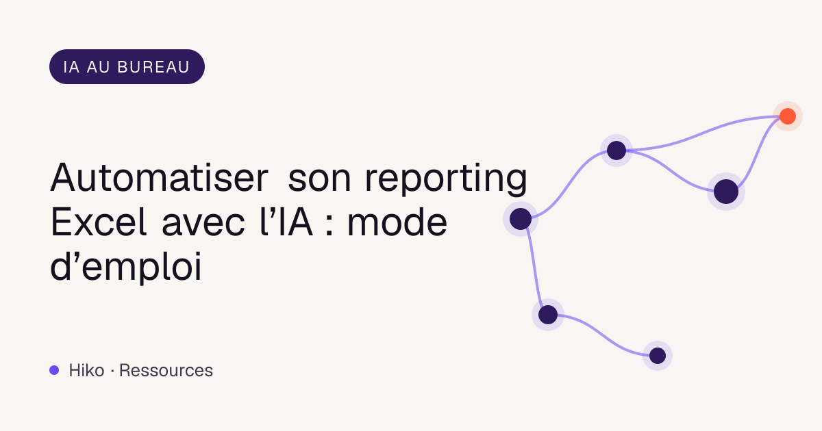 Couverture de l’article : réseau de nœuds violets reliés, titre sur le reporting mensuel avec l’IA dans Excel et Google Sheets