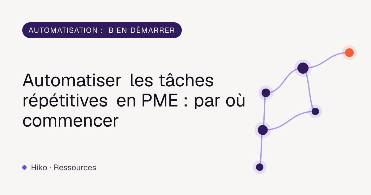 Couverture de l’article : réseau de nœuds violets reliés, titre sur l’automatisation des tâches répétitives en PME