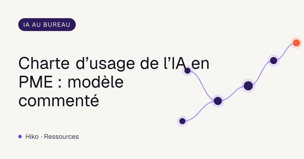 Couverture de l’article : réseau de nœuds violets reliés, titre présentant un modèle commenté de charte d’usage de l’IA en PME