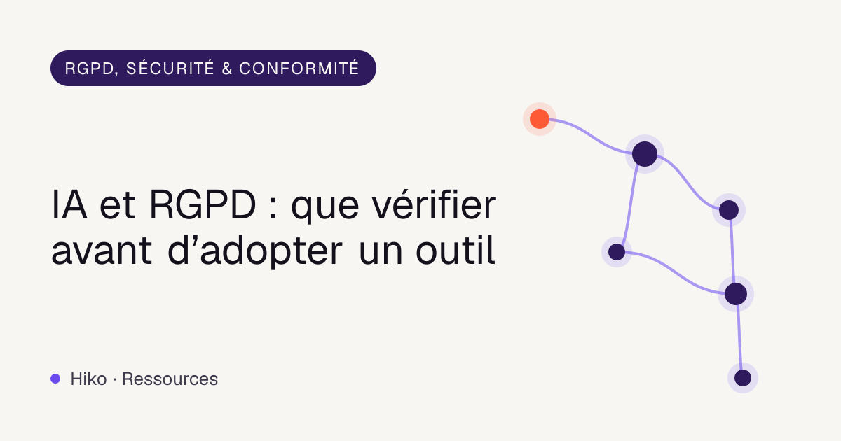 Couverture de l’article : réseau de nœuds violets reliés, titre sur les vérifications RGPD avant d’adopter un outil d’IA