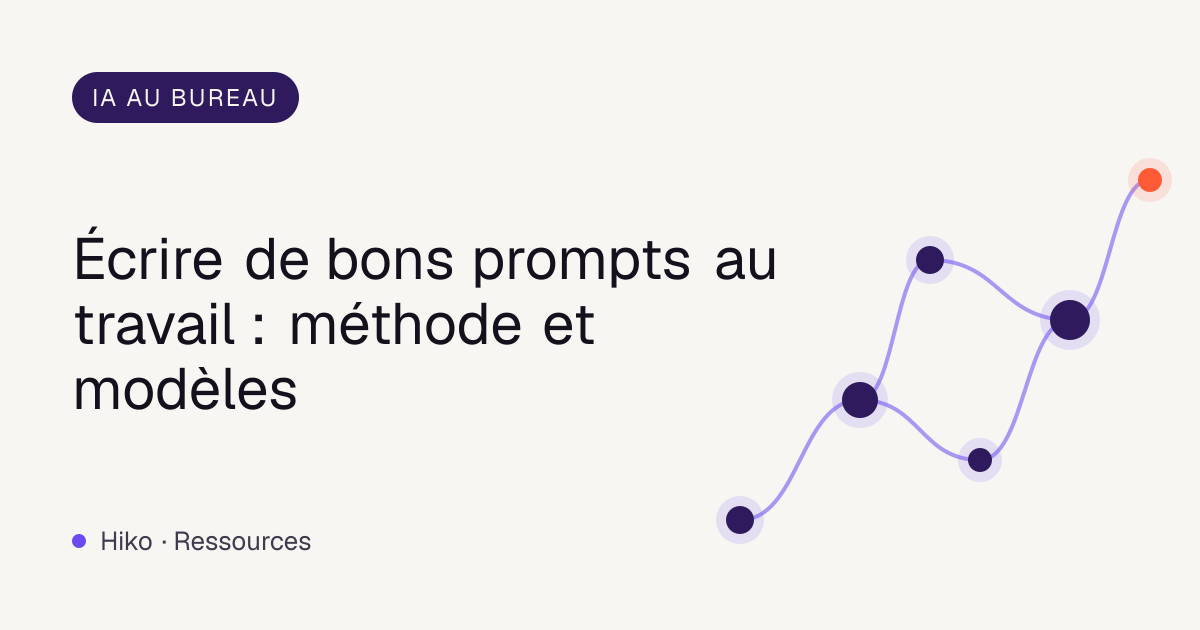Couverture de l’article : réseau de nœuds violets reliés, titre sur l’écriture de bons prompts au travail avec des modèles