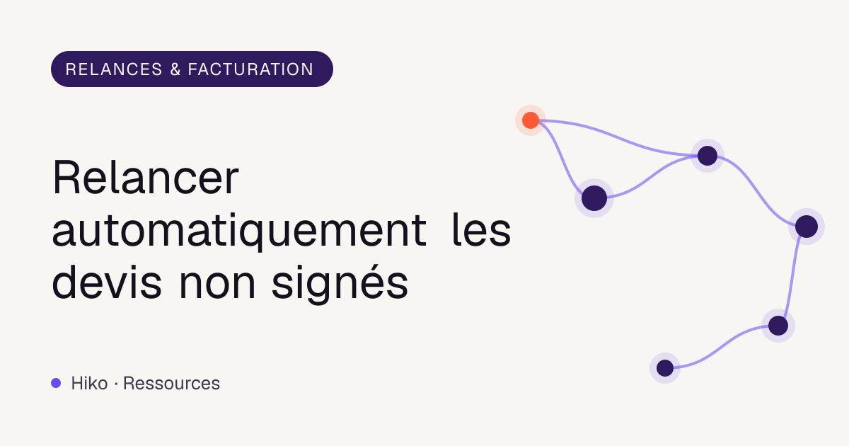 Couverture de l’article : réseau de nœuds violets reliés, titre sur la relance automatique des devis non signés